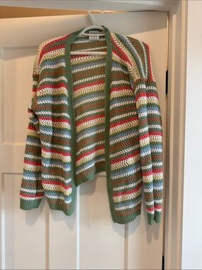 Open-Front Striped Crochet Cardigan - Green Multi by LOFT